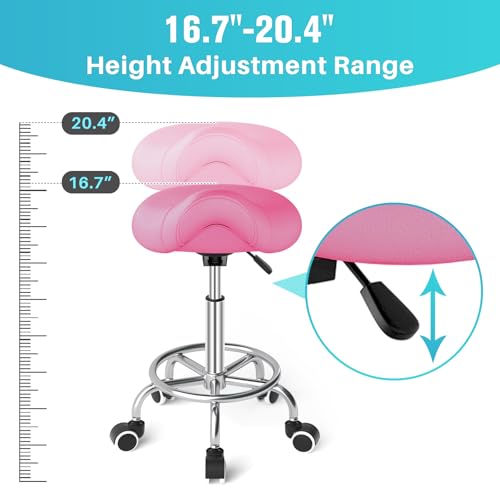 Image of YEEZEE Saddle Stool Ergonomic- Comfortable Rolling Saddle Stool with Wide Thick Saddle Seat Padding, Swivel Adjustable Saddle Chair with Wheels and Ring Pedal for Medical Massage Salon (Pink)