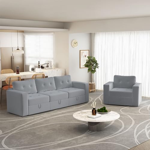 Image of QHITTY Modular Sofa, 4 Seater Accent Couch with Hidden Extra Large Storage Space for Living Room, Grey