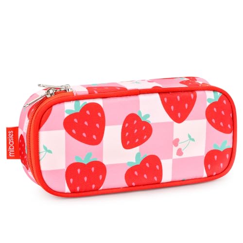 Image of mibasies Girls Pencil Case for Kids, Multi-Slot Pencil Pouch, Strawberry Checkerboard Red