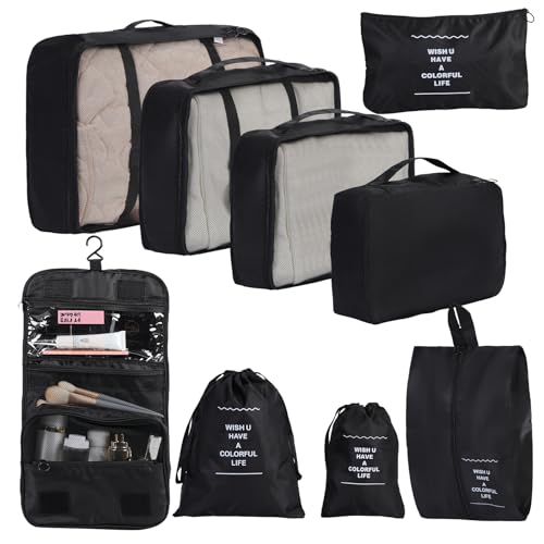 Packing Cubes Storage Bags 9 Pieces-Luggage Organizers Classify Store Clothing Efficiently for Travel Outdoor Home (Black, 9 Pieces)
