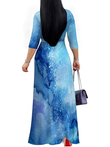 Image of Plus Size Dresses for Women Print Maxi Dresses 3 /4 Sleeve with Belt