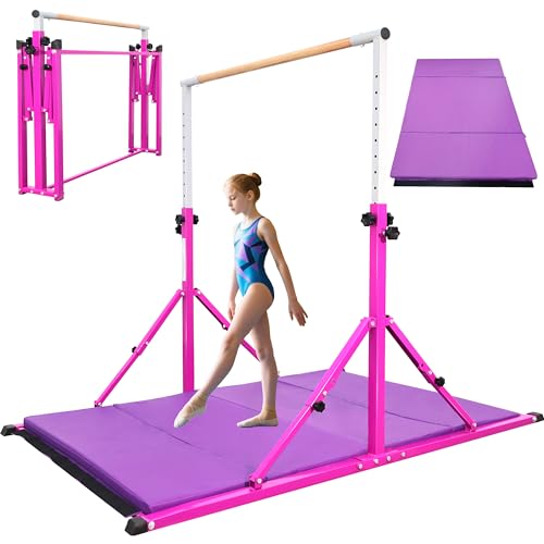 PreGymnastic Foldable Gymnastics Bar, 5.6FT Folding Horizontal Bars for Kids Ages 3-12, Weight Limit 350 LBS, Adjustable kip Bar, Children Home Gym Equipment Indoor(Foldable Bar with Mat, Purple-Mat)