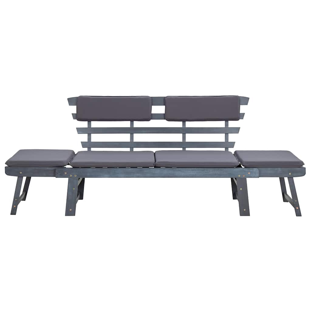 Banco de jardín de madera de acacia 2 en 1, 190 cm, gris, con cojines, banco plegable con laterales ajustables y fundas de almohada extraíbles