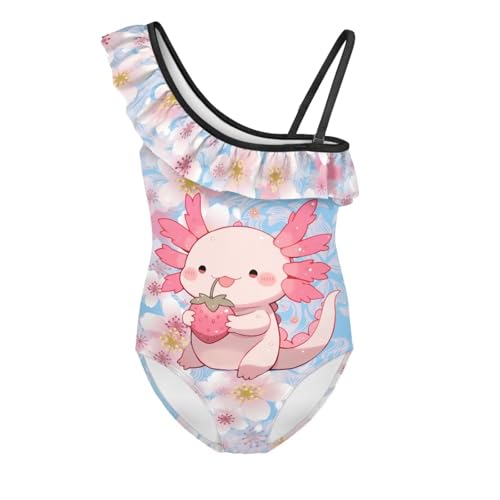 Image of WELLFLYHOM Axolotl Girls One Piece Swimsuits 3-14 Ruffle One Shoulder Bathing Suits Full Coverage Beachwear