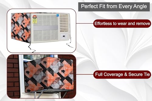 Image of The Furnishing Tree Window AC Cover for 1.5 Ton capacity PVC Waterproof and Dustproof Chekered Pattern Orange