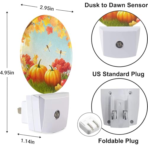 Image of Autumn Night Light Thanksgiving Harvest Fall Maple Leaves Dragonfly Nightlights Auto On /Off Dusk to Dawn Plug-in Nightlights for Home Bedroom Living Room Bathroom