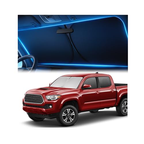 Windshield Sunshade for Toyota Tacoma 2016-2023 2024 2025 - Innovative No-Light-Pass Technology, Mirror Cut-Out, Blocks 99% UV Rays, Fade-Resistant, Easy-Fold Tacoma Windshield Sun Shade