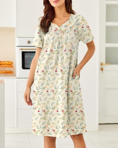 Image of Ekouaer Moo Moos for Women House Dress With Pockets Cotton Nightgowns Short Sleeve Night gowns Embroidered Mumu Dress
