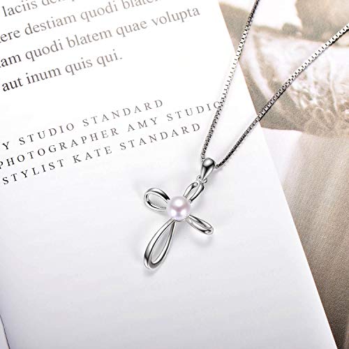 Pearl Pendant Necklaces for Women,925 Sterling Silver Cross Lucky Knot Pendant/Infinity Pendant with Cubic Zirconia,Anniversary Birthday Gifts for Her 16''+2''4