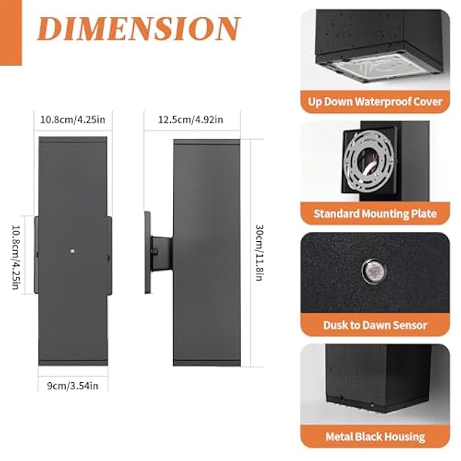 Dusk to Dawn Outdoor Lighting, LED Square Up and Down Outdoor Sconce Lights, Matte Black Exterior Lighting Fixtures with 7W LED Bulbs, Front Porch Lights for House, Garage, Patio, Doorway, 2 Pack
