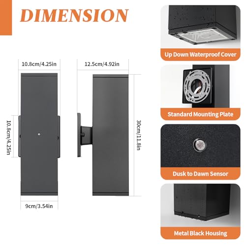 Image of Dusk to Dawn Exterior Porch Lights, LED Up Down Outdoor Sconce Light 6-Pack | Bulb Incl., 3000K Square Black Exterior Lighting Fixtures with Sensor, IP65 Waterproof Outside Porch Lights for House Garage
