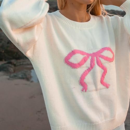 Image of Women Y2K Fall Sweater Cute Bow Print Long Sleeve Cable Knit Pullover Casual Oversized Jumpers for Women