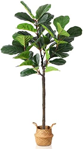 SOGUYI 5ft Artificial Fiddle Leaf Fig Tree, Fake Potted Ficus Lyrata Plants with Woven Seagrass Belly Basket, Faux Floor Plants for Home Office Living Room Indoor Decor Perfect Housewarming Gift