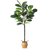SOGUYI 5ft Artificial Fiddle Leaf Fig Tree, Fake Potted Ficus Lyrata Plants with Woven Seagrass Bell