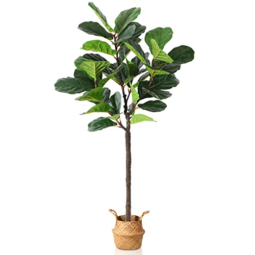 Soguyi 5Ft Artificial Fiddle Leaf Fig Tree, Fake Potted Ficus Lyrata Plants With Woven Seagrass Belly Basket, Faux Floor Plants For Home Office Living Room Indoor Decor Perfect Housewarming Gift #TOP12