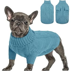 Queenmore Small Dog Pullover Sweater, Cold Weather Cable Knitwear, Classic Turtleneck Thick Warm Clothes for Chihuahua, Bulldog, Dachshund, Pug (Peacock Blue, Medium)