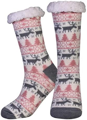 Cansok Women’s Winter Non-Slip Fleece Lined Slipper Socks Knitting Animal Fuzzy Cozy Warm Christmas Socks Stocking (Cat Gray)