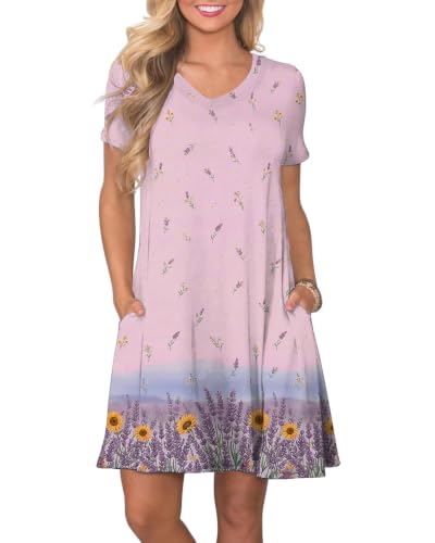 Image of COSSEN Women's Casual T Shirt Dress V-Neck Short Sleeves Swing Dresses Birthday Party Summer Travel Beach with Pocket