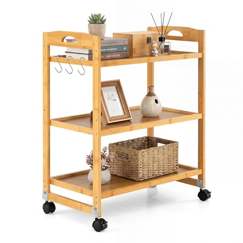 Giantex 3-Tier Rolling Storage Cart Bamboo Utility Cart w/ 3 Side Hooks & Adjustable Shelves Multifunctional Kitchen Cart on 2 Lockable Wheels for Living Dining Room Laundry Bathroom Office Art