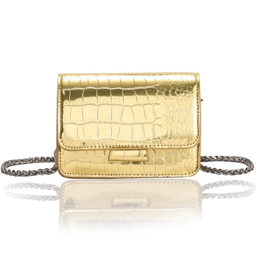 Small Crossbody Purse Bag for Women,Mini Cute Metallic Croc-Embossed Handbag with Chain Strap
