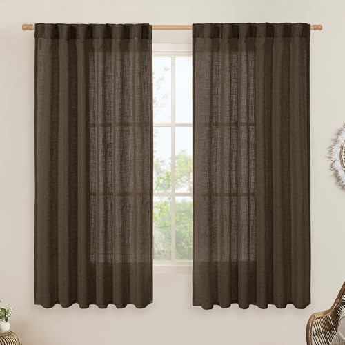 LAMIT Sheer Linen Curtains 63 Inch for Bedroom, Light Filtering Neutral Semi Sheer Farmhouse Boho Curtains Back Tab and Rod Pocket Living Room Panels, Dark Brown, 2 Panels, 52 x 63 Inch