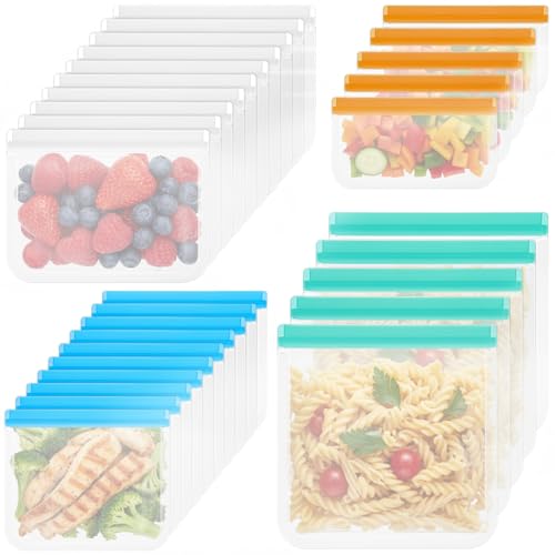 Lyksgir 30 Pack Reusable Silicone Food Storage Bags, 4 Size