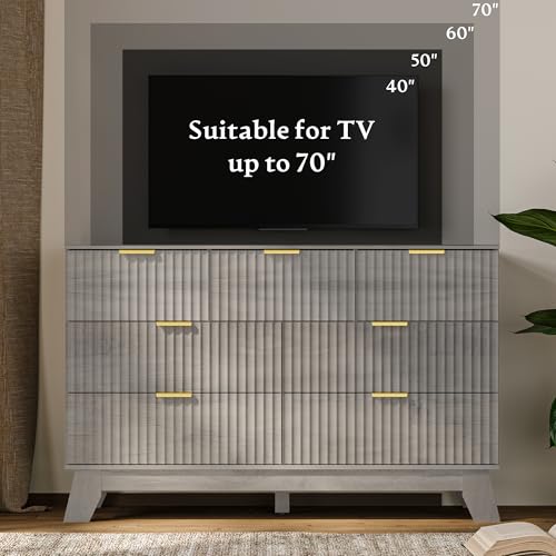 Image of HUANLEGO 48 inch W Fluted Dresser for Bedroom with 7 Drawers, Grey | Mid Century Modern Dressers & Chest of Drawers, Boho Dresser for Closet, 7 Drawer Storage TV Stand for Bedroom