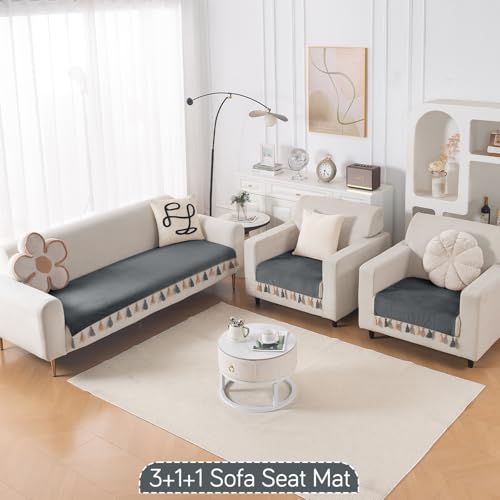 Image of HOKIPO Premium Holland Velvet Sofa Cover 5 Seater Set - Washable 3+1+1 Sofa Cover Mat with Tassel | 'TasselTone Series' | Graphite Grey (IN-1108+1104-DGRY*2)