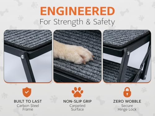 Brulio Foldable Dog Stairs for Cars Trucks & SUVs - Heavy-Duty Carbon Steel Pet Ladder Supports 230LB - Non-Slip Metal Mesh Joint-Friendly Portable Ramp for Large Dogs - 5 Step Pet Stairs w/Mat