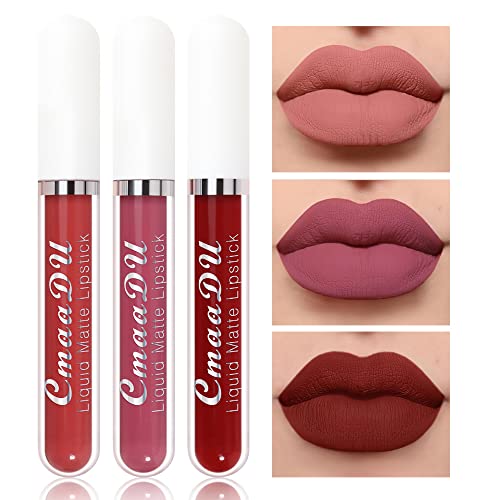 ETEDES 3 Pcs Matte Liquid Lipstick Makeup Set, Matte liquid Long-Lasting Wear Non-Stick Cup Not Fade Waterproof Lip Gloss,0.08 fl oz#3