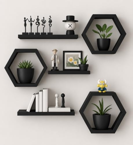 Image of Hexagon Wall Shelves Set of 6 | Wooden Floating Wall Shelf for Home Decor | Honeycomb Design Wall Rack for Living Room, Bedroom & Office (Black)