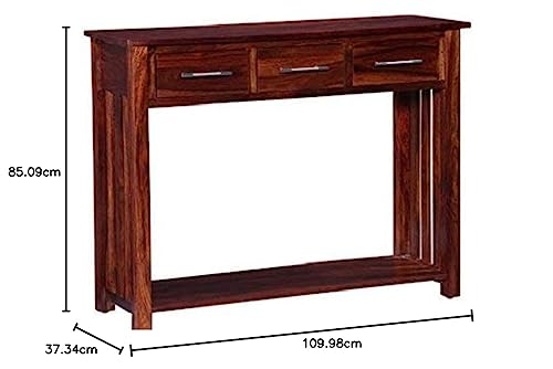 Image of Solid Sheesham Wood Console Table for Living Room | Entryway Hallway Sofa & Fish Tank Table with 3 Drawers & Shelf Storage | Wooden Side Furniture | Honey Finish