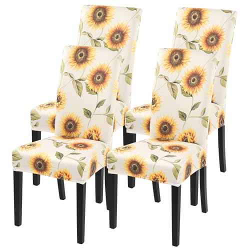 Image of SearchI Printed Dining Room Chair Covers Set of 4, Stretch Kitchen Chair Covers Washable Parsons Chair Slipcover Removable Dining Chair Protectors for Hotel,Ceremony(Sunflower)