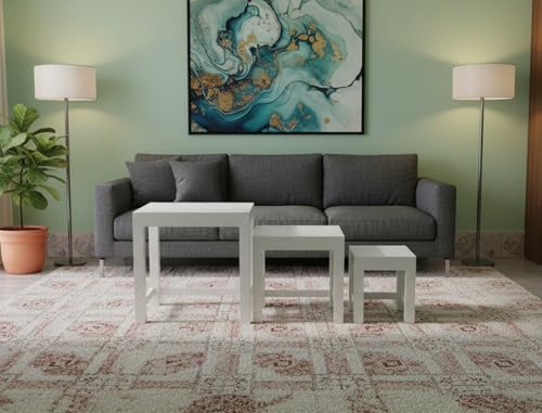 Image of Wooden Sheesham Wood Nesting Table Set of 3 Stools for Living Room | Side Table for Home & Kitchen | White Finish