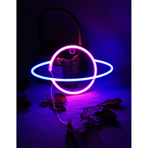 NiniTe LIGHTS Planet Neon Light, Cute Neon Planet Sign, Battery or USB Powered Night Light as Wall Decor for Kids Room, Bedroom, Festival, Party (Pink and Blue)