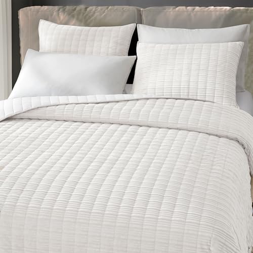 SHALALA Corduroy Quilt Queen Size 3 Pieces Bedding Set,Striped Bed Cover Cozy Bedspread Coverlet with 2 Matching Pillow Shams,Soft Lightweight Quilt Set for All Season(Ivory,Full/Queen)