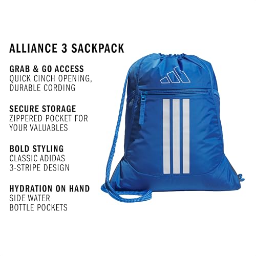Image of adidas Alliance Sackpack - Drawstring Backpack Small Bag for Men and Women, 3 /Ray Blue /White, One Size, Alliance Sackpack - Drawstring Backpack Small Bag for Men and Women