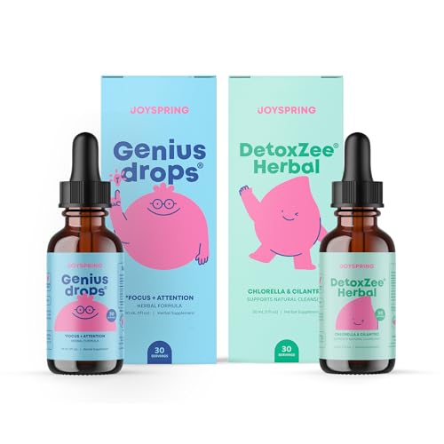 JoySpring Genius Drops & DetoxZee Herbal Bundle | Kids Vitamins Naturally Sourced, Non-GMO, Non-Alcoholic Liquid Formula, Immunity Health Support | Vegan & Vegetarian Supplements