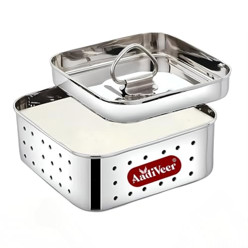 Image of Stainless Steel Paneer Maker | Tofu Maker Square Mould, Paneer Press with Lid | Whey Seperator | Big Size - 650ml