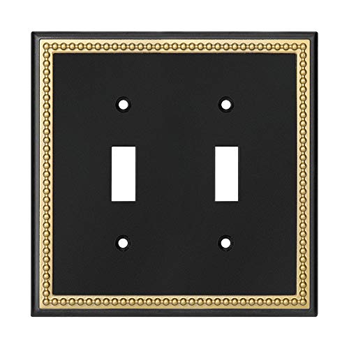 Pearled Frame Decorative Wall Plate Switch Plate Outlet Cover (Double Toggle, Black & Dark Golden)