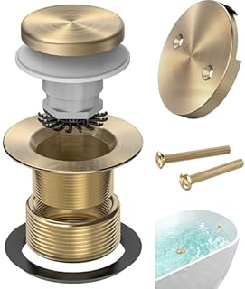 Sogmeter Brushed Gold Tub Drain Kit with Hair Catcher, Premium Brass Tip-Toe Bathroom Tub Drain Replacement and 2-Hole Overflow Faceplate, 11.5/16 UNC Bathtub Drain Stopper Assembly