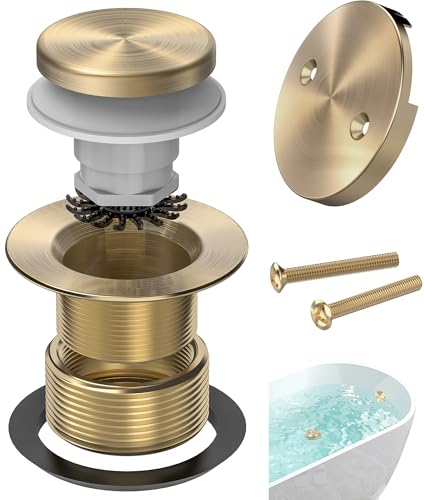 Sogmeter Brushed Gold Tub Drain Kit with Hair Catcher Premium Brass Tip-Toe Bathroom Tub Drain Replacement and 2-Hole Overflow Faceplate 11.5/16 UNC Bathtub Drain Stopper Assembly
