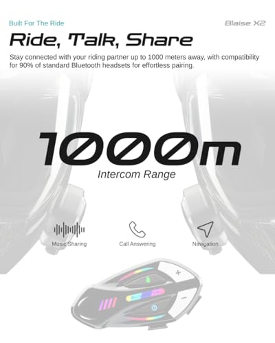 Image of Blaise X2 Motorcycle Intercom 2 Rider Helmet Communication System Motorcycle Helmet Bluetooth Headset Music Sharing Voice Control IP66 Waterproof 15 Lighting Models (Single Pack-Glossy Black)