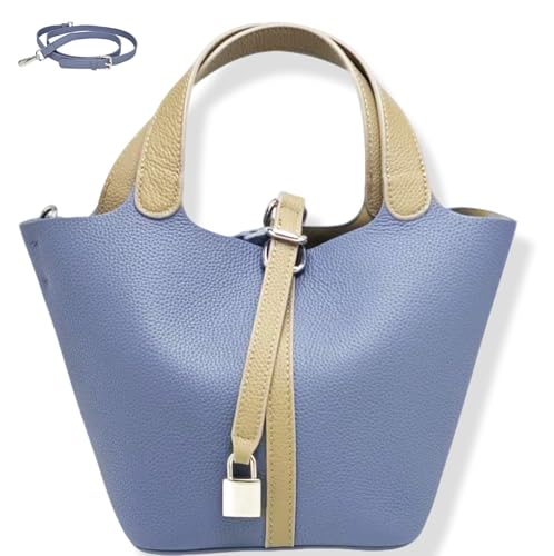 Leather Bucket Bag for Women with Lock and Zipper Closure