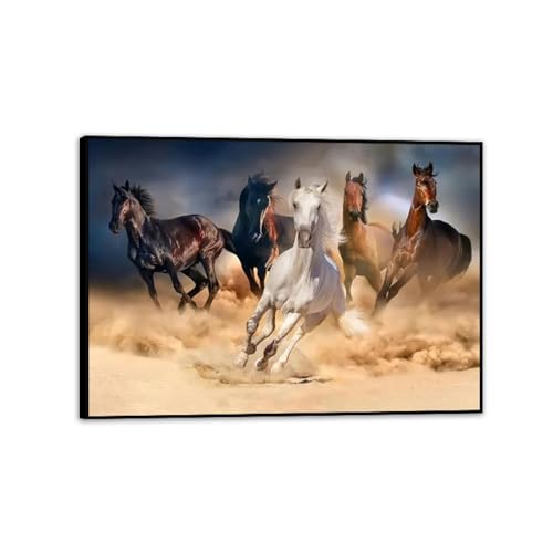 Art mural sur toile cheval noir et marron au trot tableau encadré 42x30cm