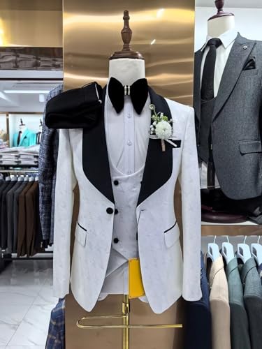 Men's Jacquard 3 Piece Suit White Tuxedo Formal Slim Fit Suit with Vest Black Pants for Wedding4