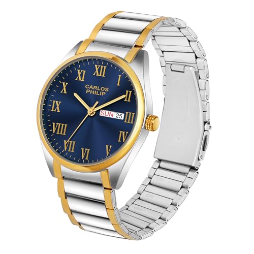 Image of Carlos Philip Men's Roman Numeral Analog Watch - Day and Date Display, Stainless Steel Strap, Quartz Movement, Business Style Watch for Men