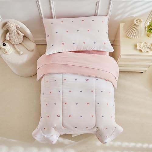 Image of JHXHMX 4 Pieces Toddler Bedding Set,Pink Heart Toddler Comforter Sets for Girls,Soft Crib Bed Sheets Set Includes Quilted Comforter,Fitted Sheet,Flat Top Sheet and Envelope Pillowcase