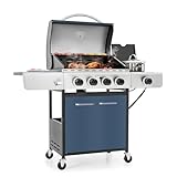 MFSTUDIO 4-Burner Gas Grill with Side Burner, 42000 BTU Stainless Steel BBQ Grill with Porcelain-Enameled Cast Iron Grates, Gas Grills Propane for Outdoor and Patio Backyard Barbecue Cooking, Blue