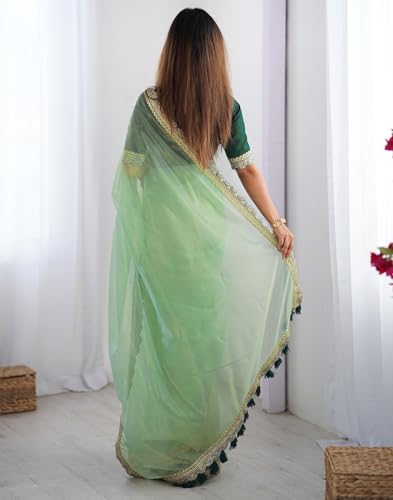 Image of SIRIL Women's Shimmer Net Lace Border Dual Tone Saree with Unstitched Blouse Piece